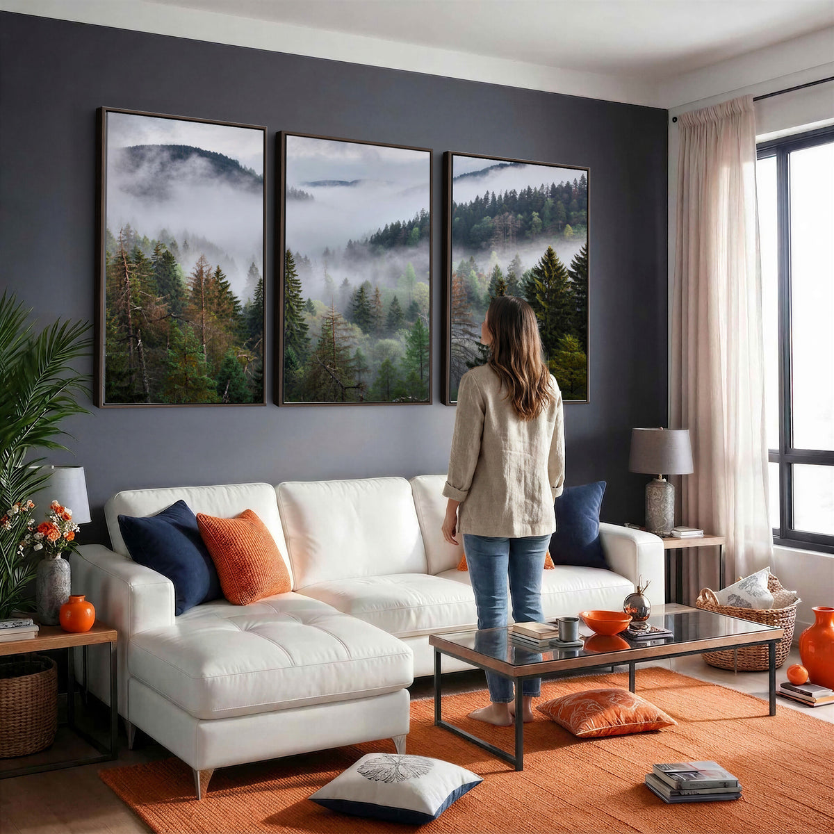 18735847-_Poster-30x20 - Foggy Pine Forest Mountain Canvas Print 3 Piece Framed Wall Art Extra Large Floating Frame Nature Poster Made in USA