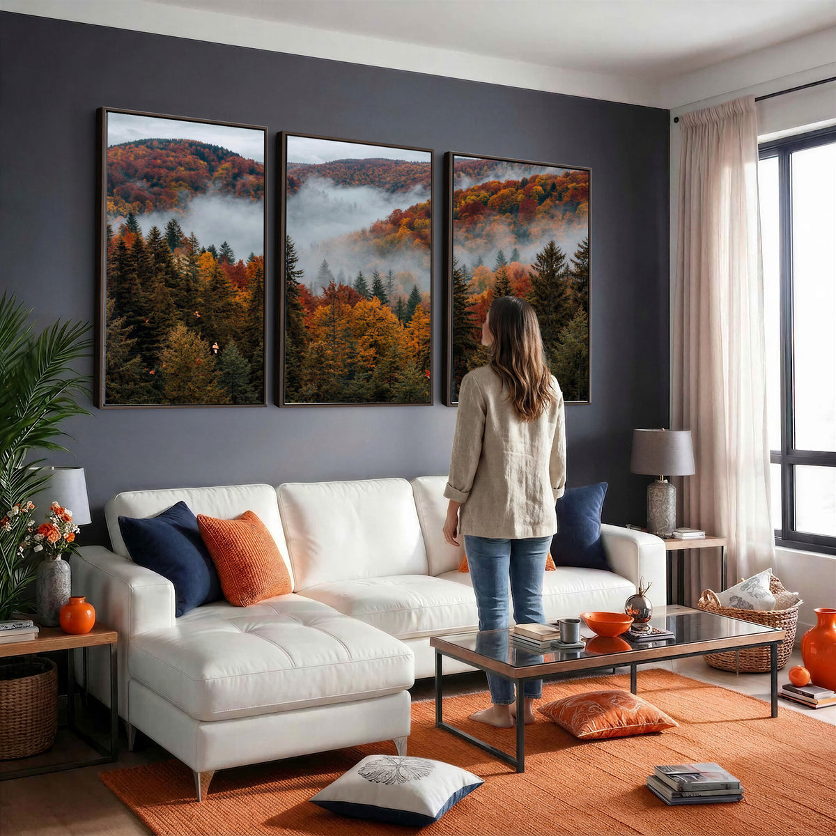 26686263-_Poster-30x20 - Misty Autumn Forest Mountain Canvas Print 3 Panel Wall Art Gallery Wrapped Floating Frame Poster Made in USA