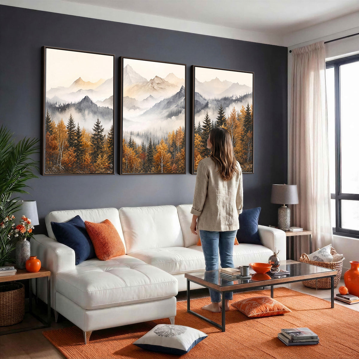 19544118-MGV-TP-30X20 - Misty Mountain Autumn Forest Canvas Wall Art - Watercolor Fall Nature Landscape Print