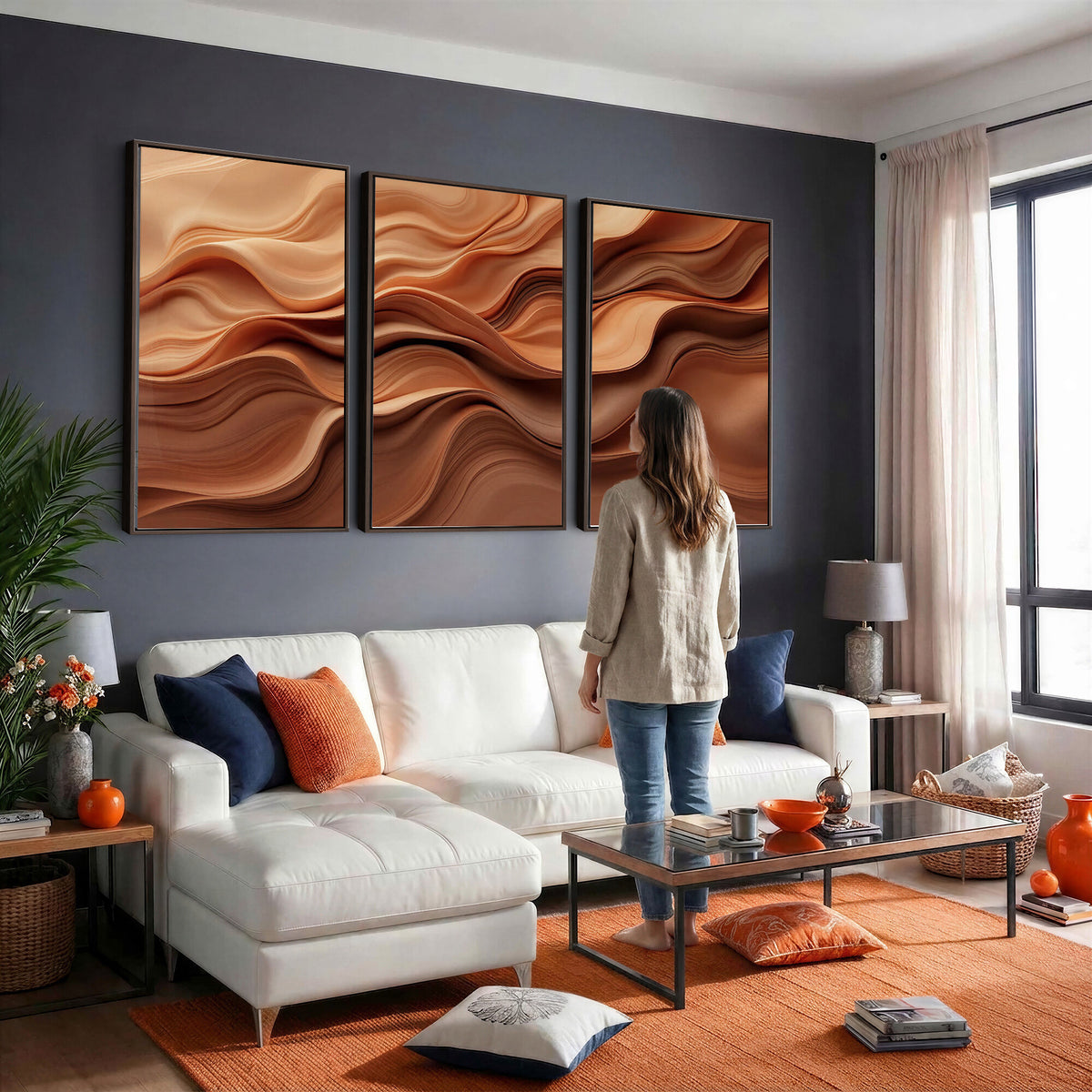 82230697-MGV-CV-36X24 - Modern Abstract Fluid Waves Canvas Wall Art - Minimalist Warm Terracotta Beige Sand Print
