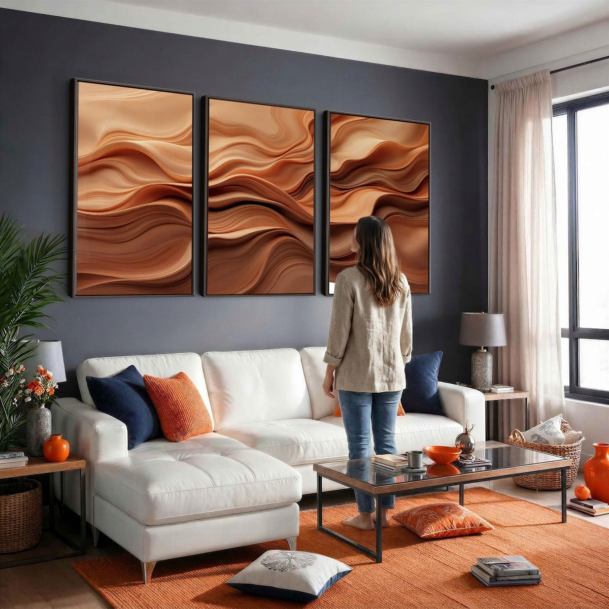 82230697-_Poster-30x20 - Modern Abstract Fluid Waves Canvas Wall Art - Minimalist Warm Terracotta Beige Sand Print