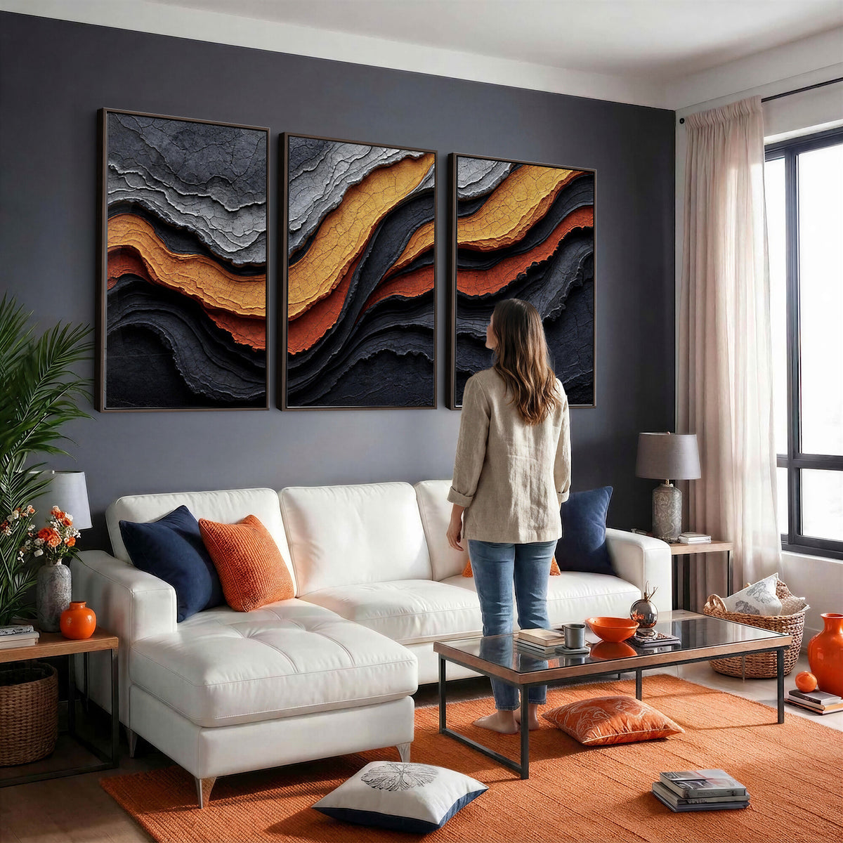 59852489-MGV-CV-36X24 - Abstract Waves Canvas Wall Art - Modern Terracotta and Charcoal Gray Print