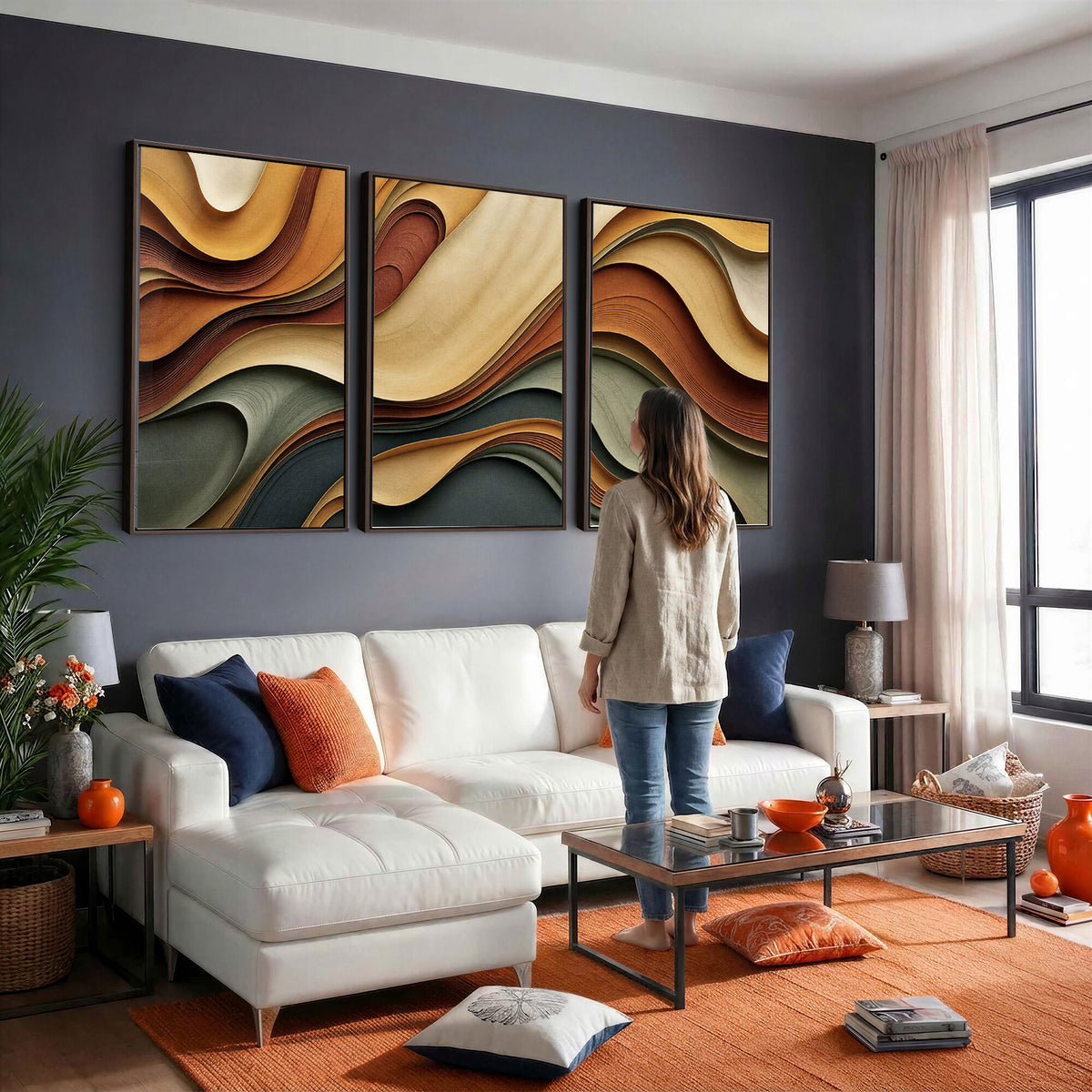 19337902-MGV-CV-36X24 - Modern Abstract Waves Canvas Wall Art - Minimalist Earthy Tone Living Room Decor