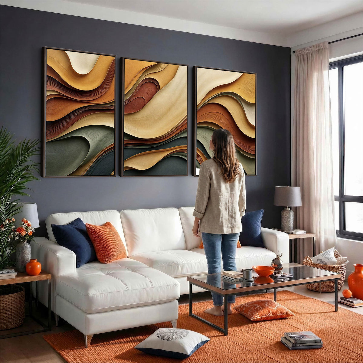 19337902-_Poster-30x20 - Modern Abstract Waves Canvas Wall Art - Minimalist Earthy Tone Living Room Decor