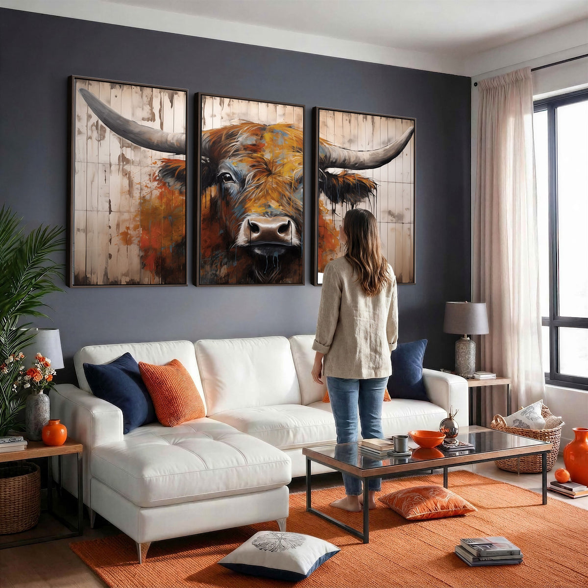 47284-MGV-CV-24X16 - Abstract Bull Highland Cow Canvas Wall Art Print