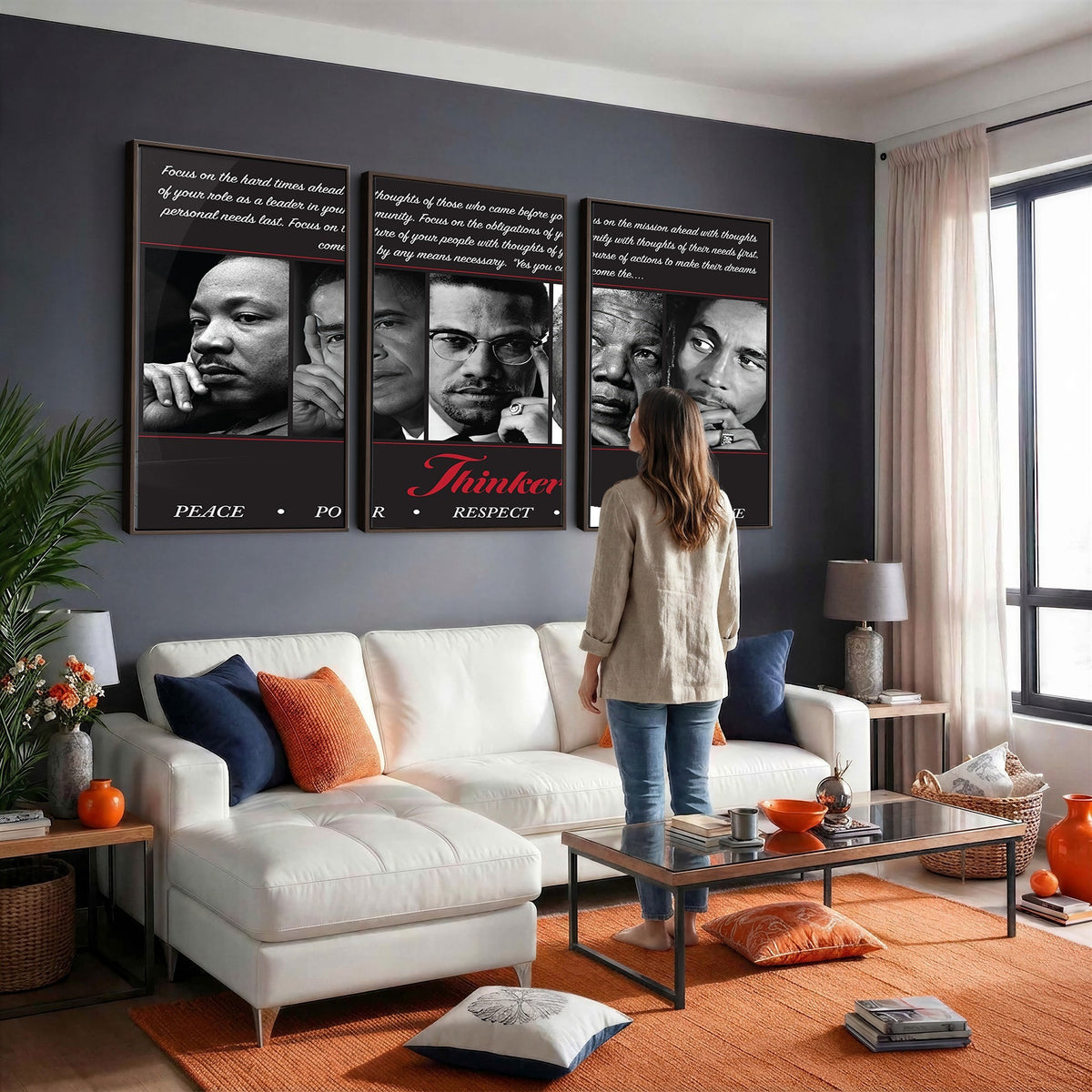 45112-MGV-CV-24X16 - Thinker Quintet Canvas Wall Art | Martin, Obama, Malcolm X, Mandela, Marley, Peace Power Respect Dignity Love
