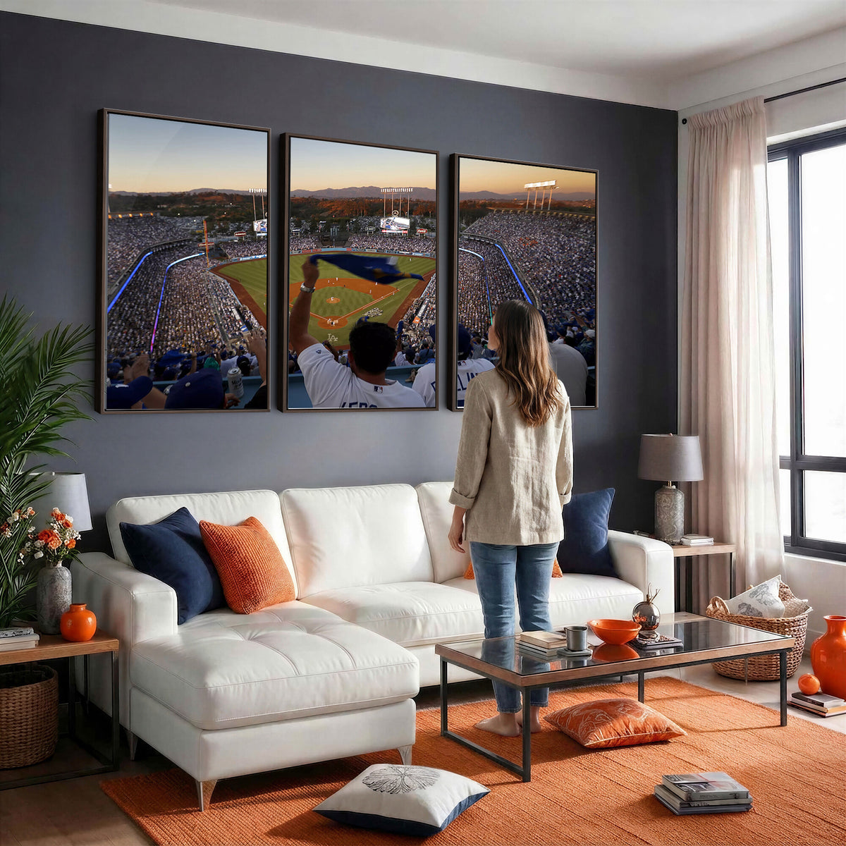 60162-MGV-CV-36X24 - Dodger Stadium Sunset Game Triple Canvas Wall Art, Los Angeles Dodgers MLB Match