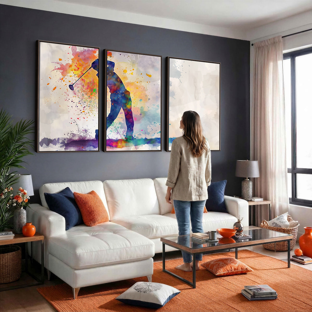 89625-MGV-CV-36X24 - Vibrant Watercolor Golf Swing Wall Art Canvas Print | Extra Large 3 Piece Canvas Wall Art
