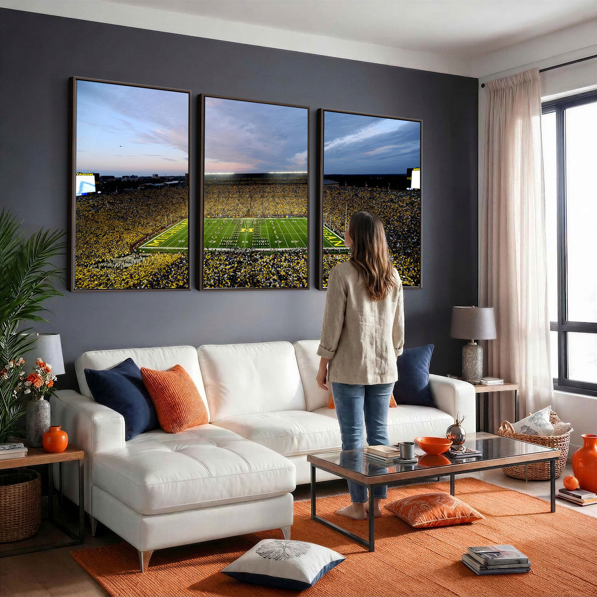 82641-MGV-CV-36X24 - Michigan Stadium Wall Art Canvas Print – Framed Football Field Scene with Marching Band Artwork for Home, Office