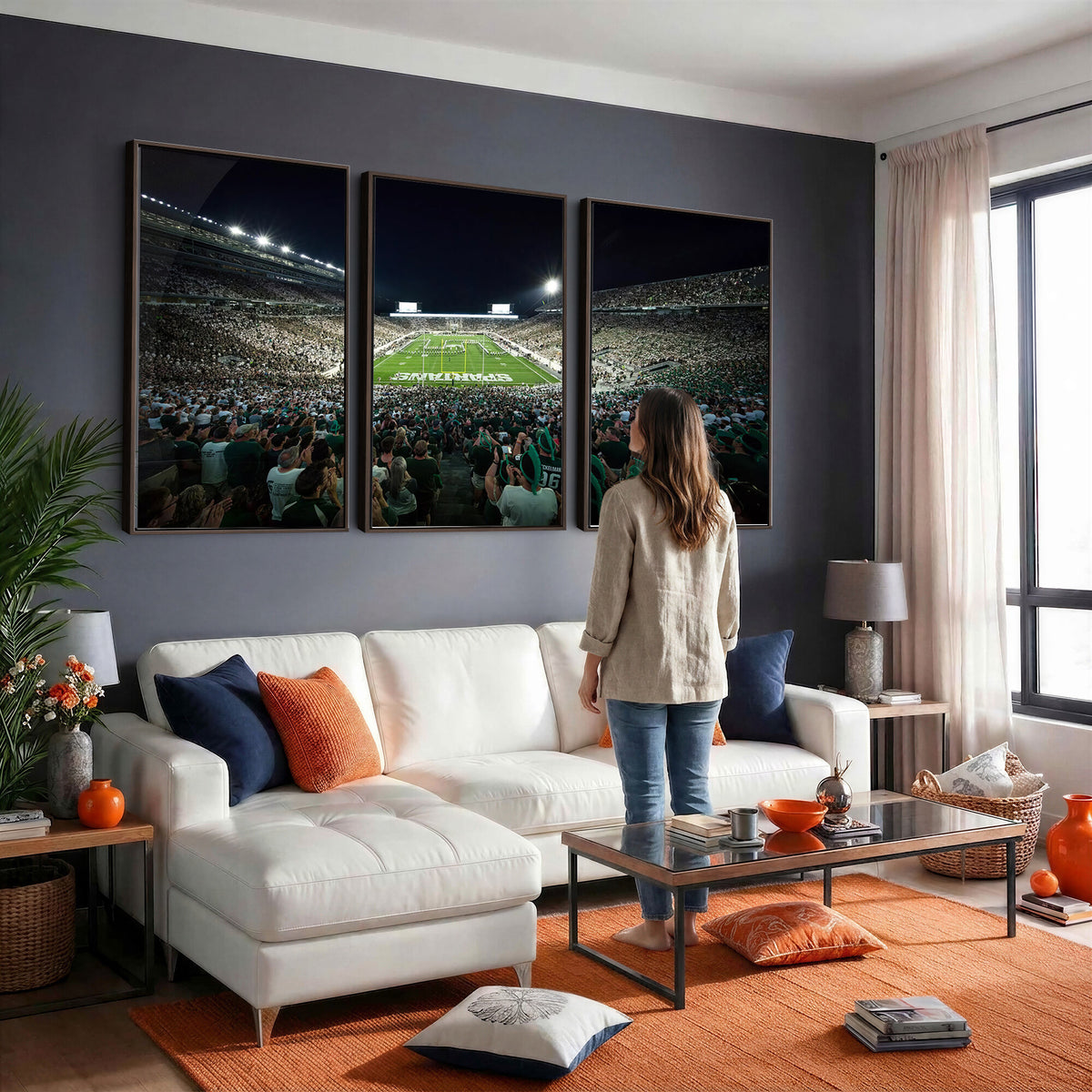 57523-PAN-FL-20X10 - Framed Michigan State Spartans Football Team Print - East Lansing Spartan Stadium Wall Art Canvas