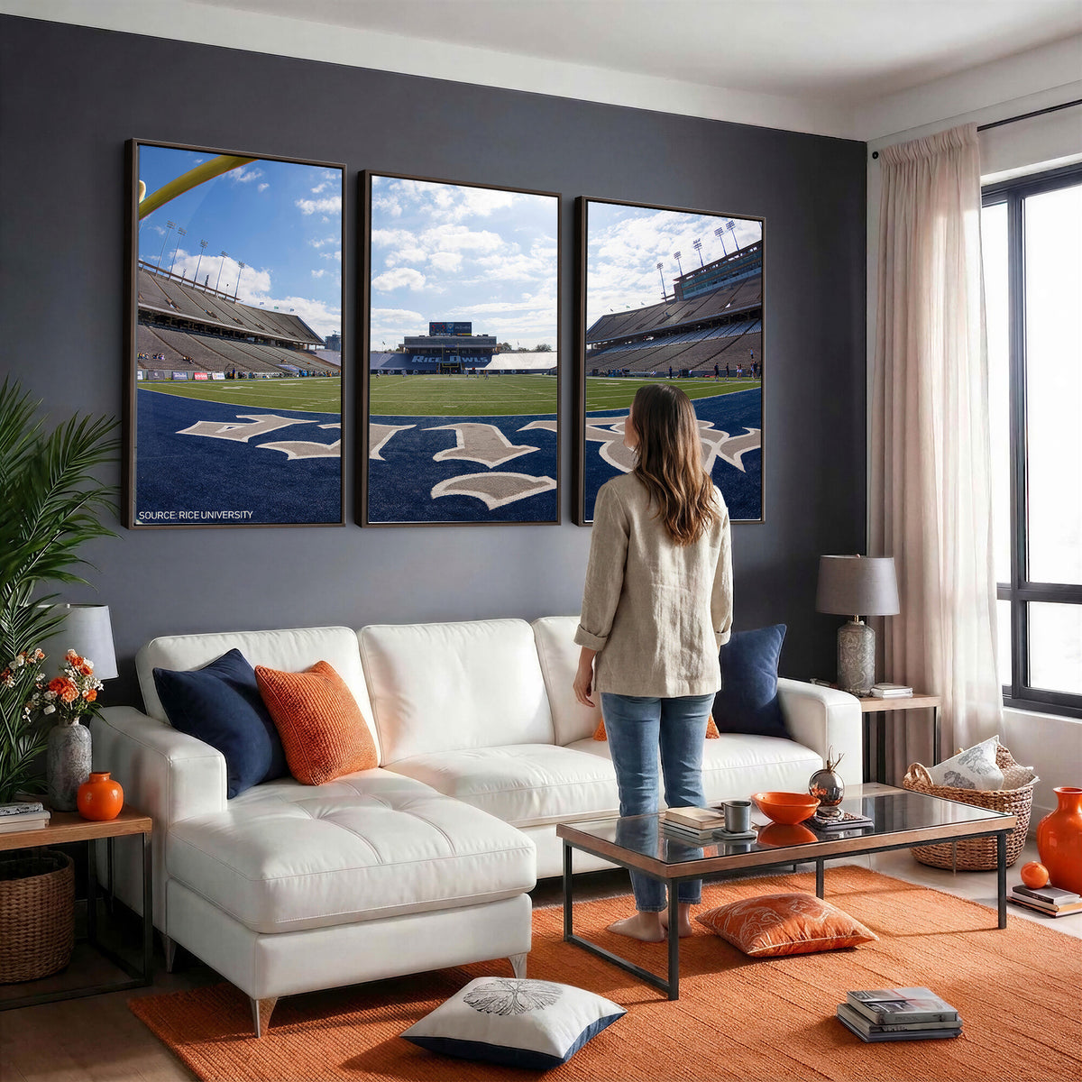 50267-MGV-CV-36X24 - Rice University Owls Football Team Print, Houston Rice Stadium, Framed and Ready to Hang