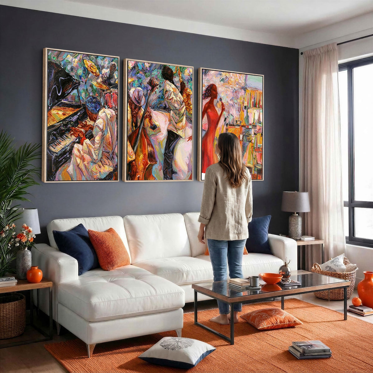 40574-_Poster-30x20 - Afro American Jazz Band Canvas Wall Art | 3 Panel Music Studio Decor