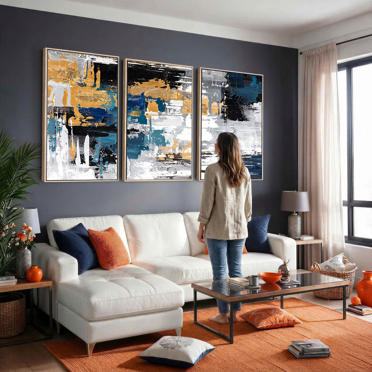 57708-_Poster-30x20 - Blue and Gold Abstract Canvas Wall Art | Triptych Modern Art Print