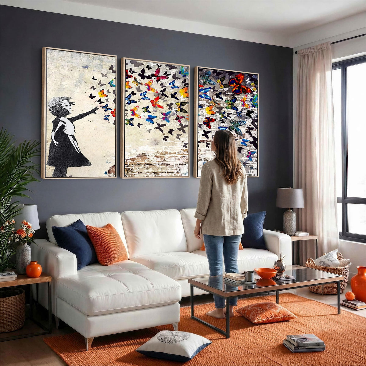 97895-MGV-CV-24X16 - Banksy Graffiti Wall Art Canvas Print, Girl Releasing Vibrant Butterflies