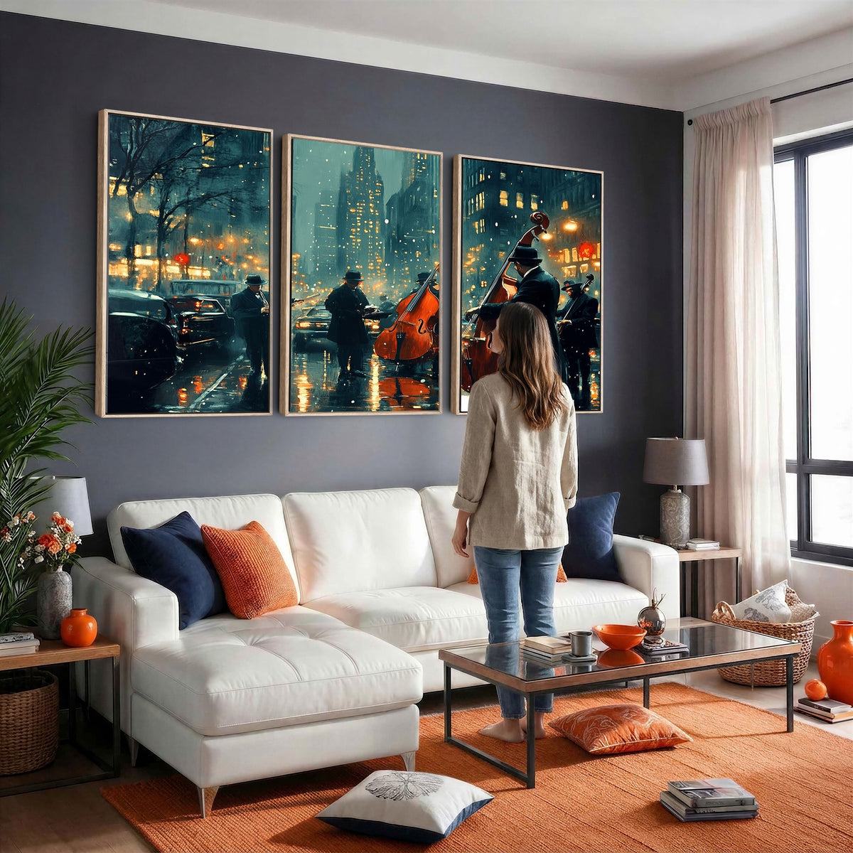 53391-MGV-CV-24X16 - Urban Night Jazz Wall Art Canvas Print | Moody Rain Soaked City Street Band Scene
