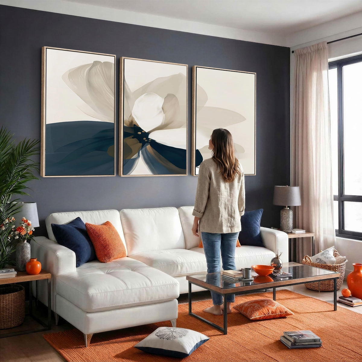 42188901-MGV-CV-24X16 - Minimal Flower Wall Art Canvas Print | Framed Beige and Navy Bloom
