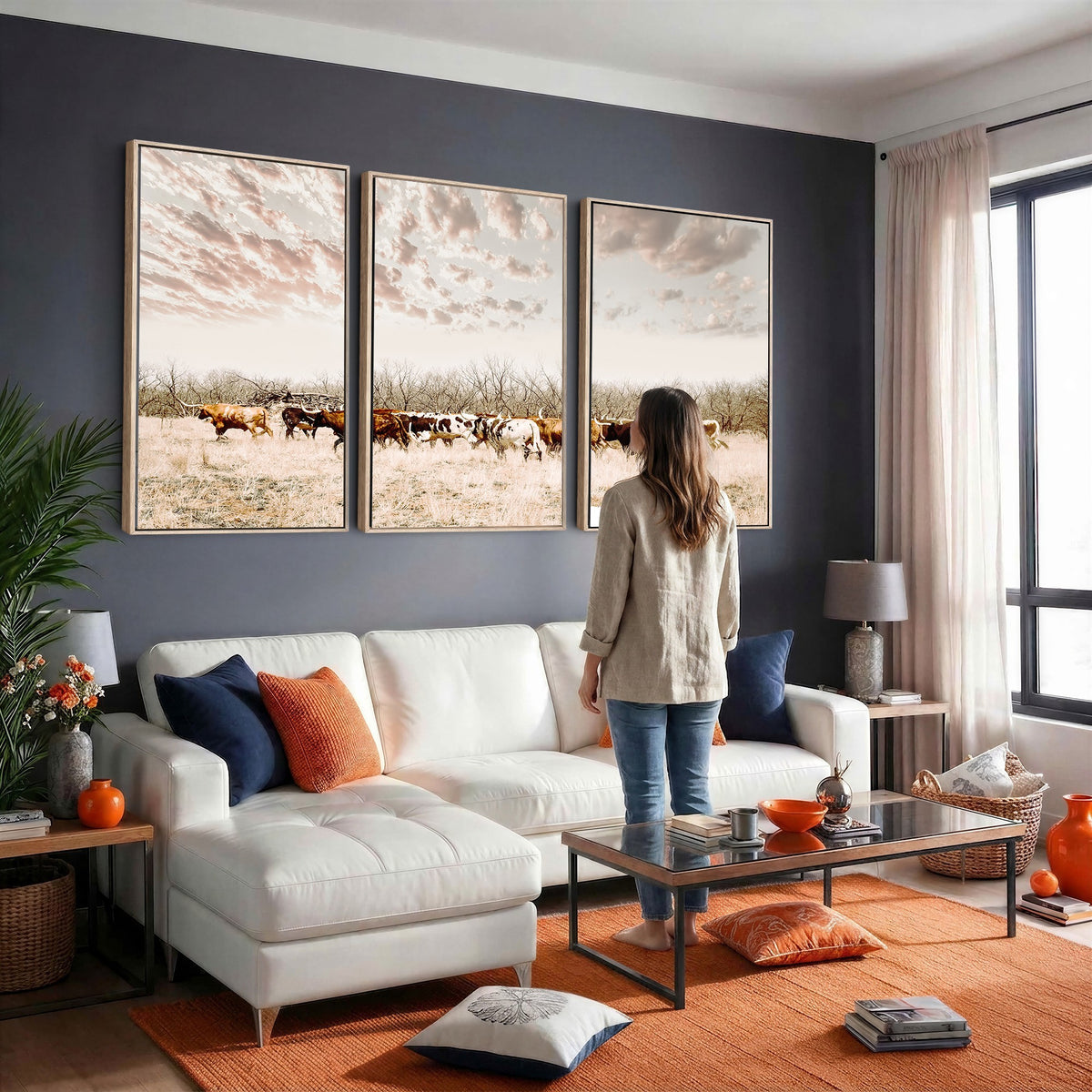 64892775-MGV-CV-24X16 - Longhorn Cattle Wall Art Canvas Print, Framed Texas Ranch Art, Western Cow Print, Prairie Landscape Decor