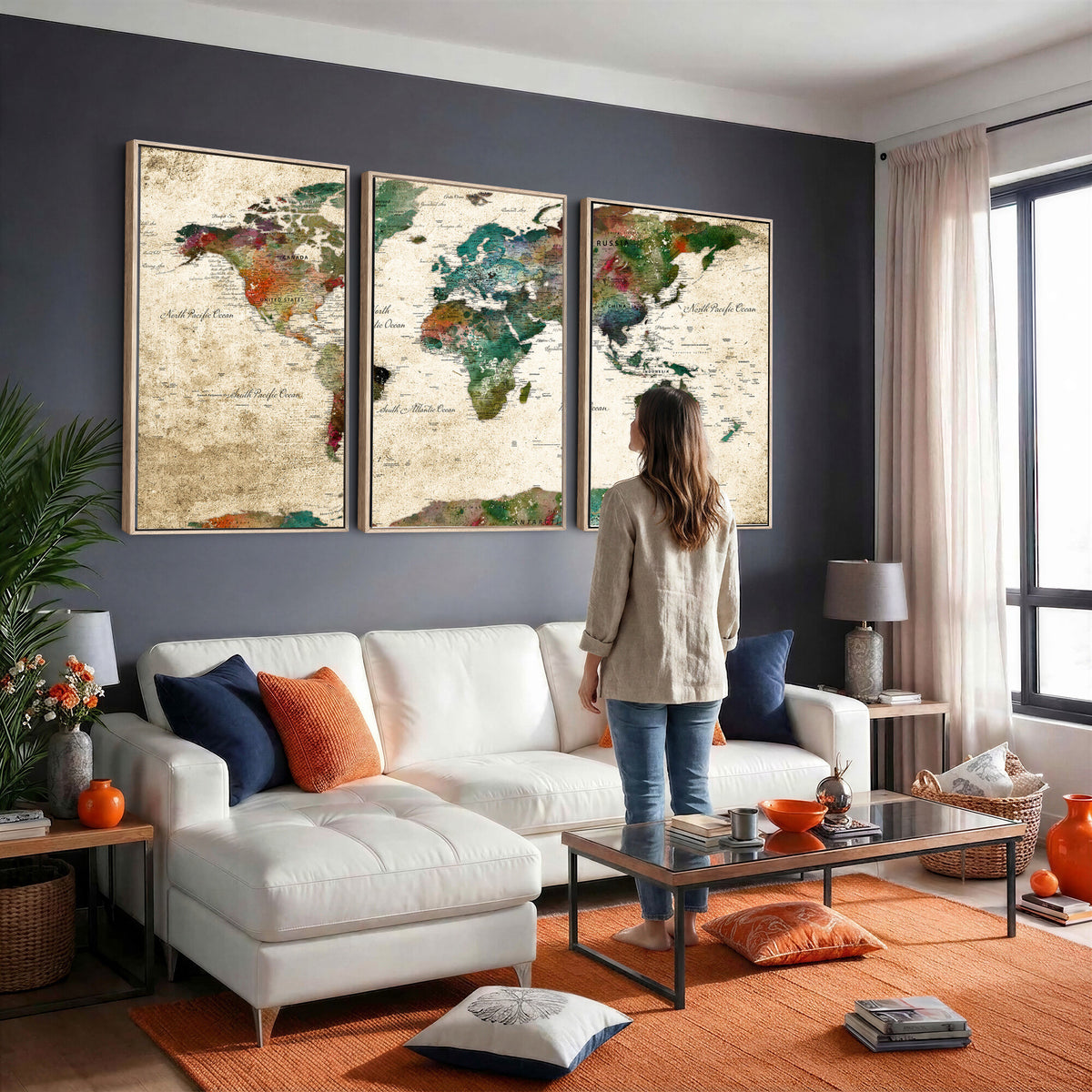 87544591-MGV-CV-36X24 - World Map Wall Art Canvas Print, Modern Decorative Framed Map Artwork Prints for Living Room, Office, Bedroom Wall Decor