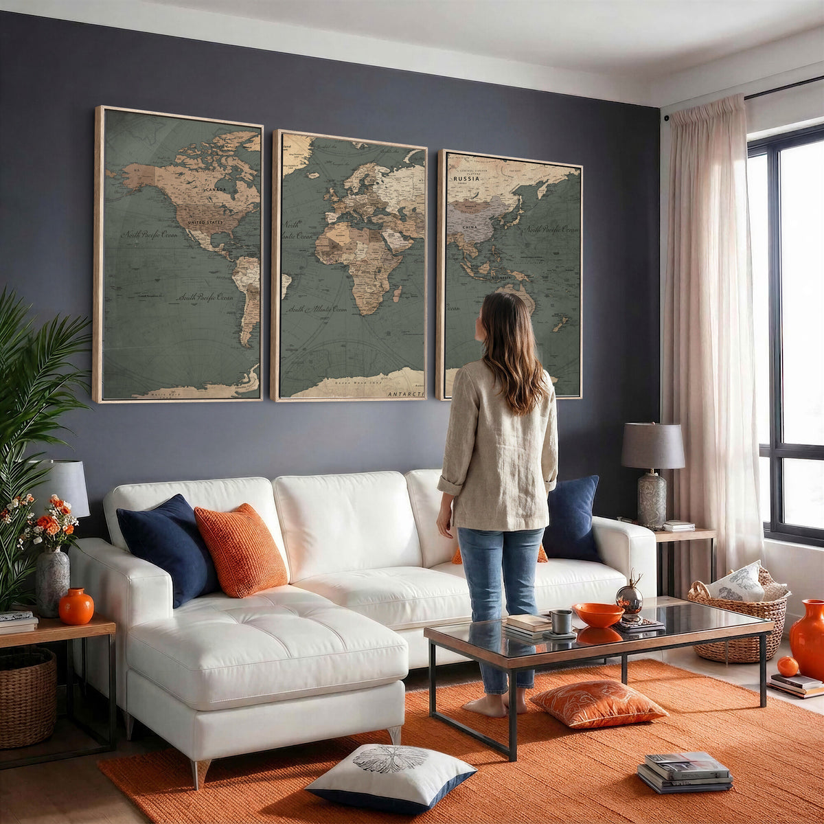 84619399-MGV-CV-36X24 - World Map Wall Art Canvas Print, Modern Decorative Framed Map Artwork Prints for Living Room, Office, Bedroom Wall Decor