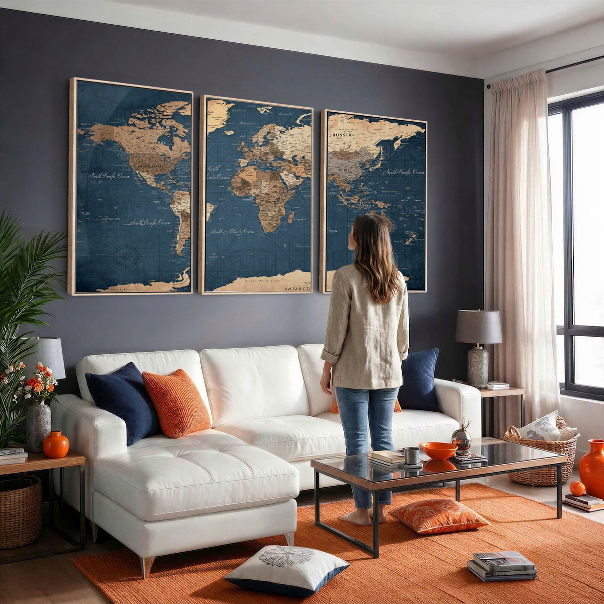 69886352-MGV-CV-36X24 - World Map Wall Art Canvas Print, Modern Decorative Framed Map Artwork Prints for Living Room, Office, Bedroom Wall Decor