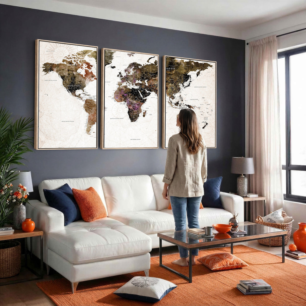 77651968-MGV-CV-36X24 - Watercolor World Map Print - Large Wall Art Canvas Print for