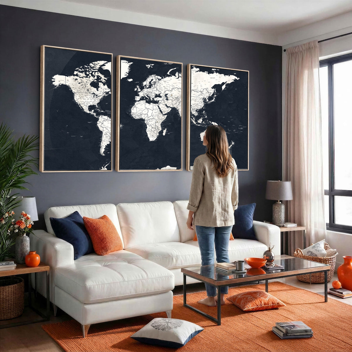11963807-MGV-CV-36X24 - Black World Map Wall Art Canvas Print for Home Office and Meeting Room Decor