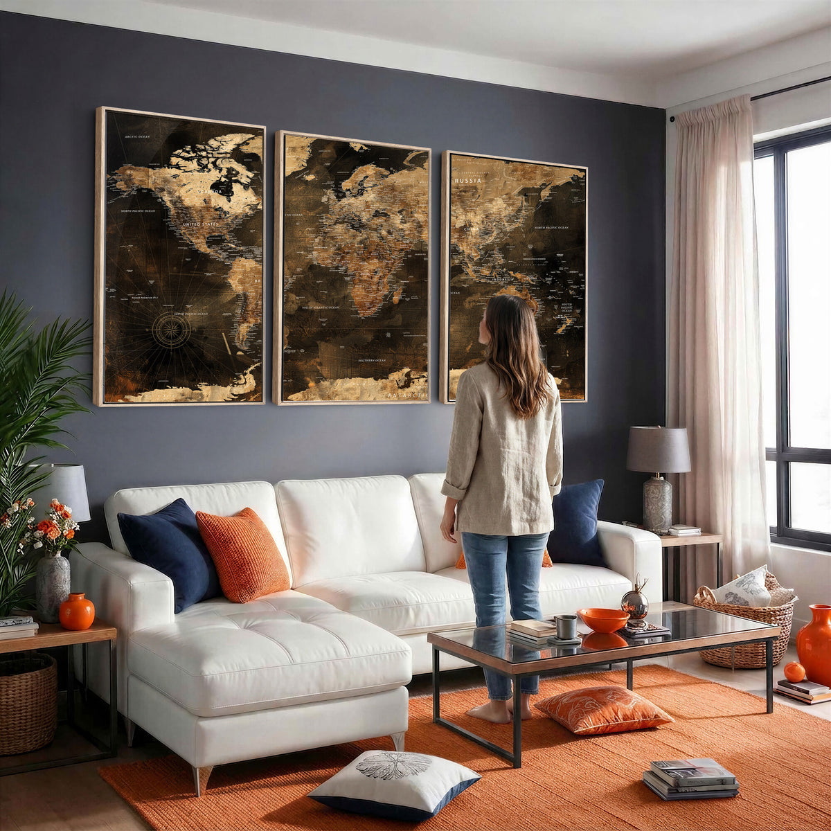 97742922-MGV-CV-36X24 - World Map Canvas Print, Modern Decorative Framed Map Artwork