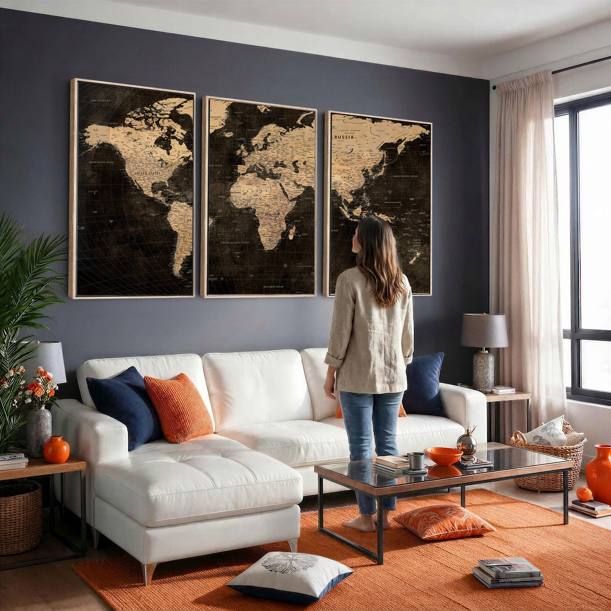 15118265-MGV-CV-36X24 - Brown World Map Canvas Print | Modern Travel Map Wall Art