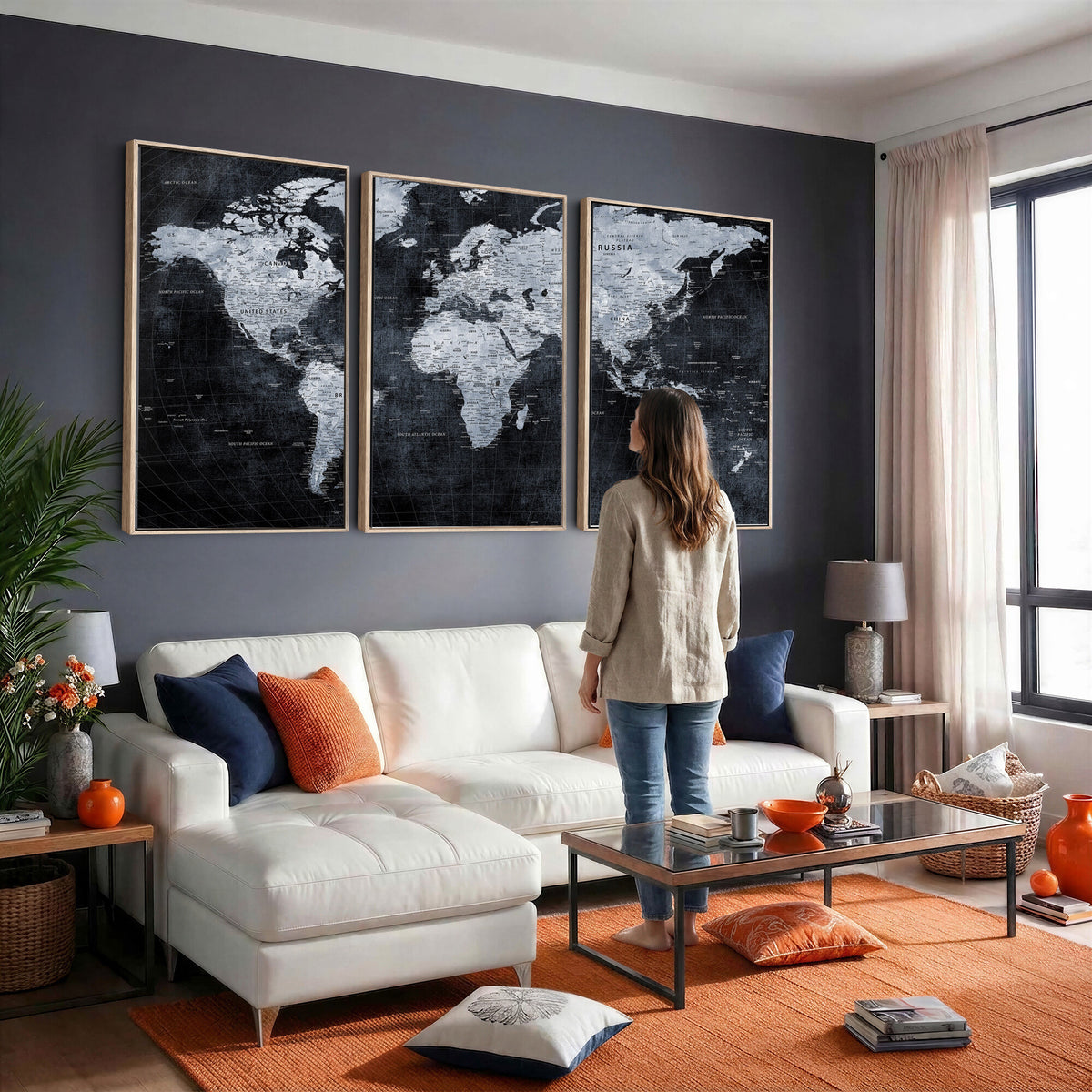 86893704-MGV-CV-36X24 - Black World Map Canvas Print | Detailed Map for Couples and Anniversary Gift