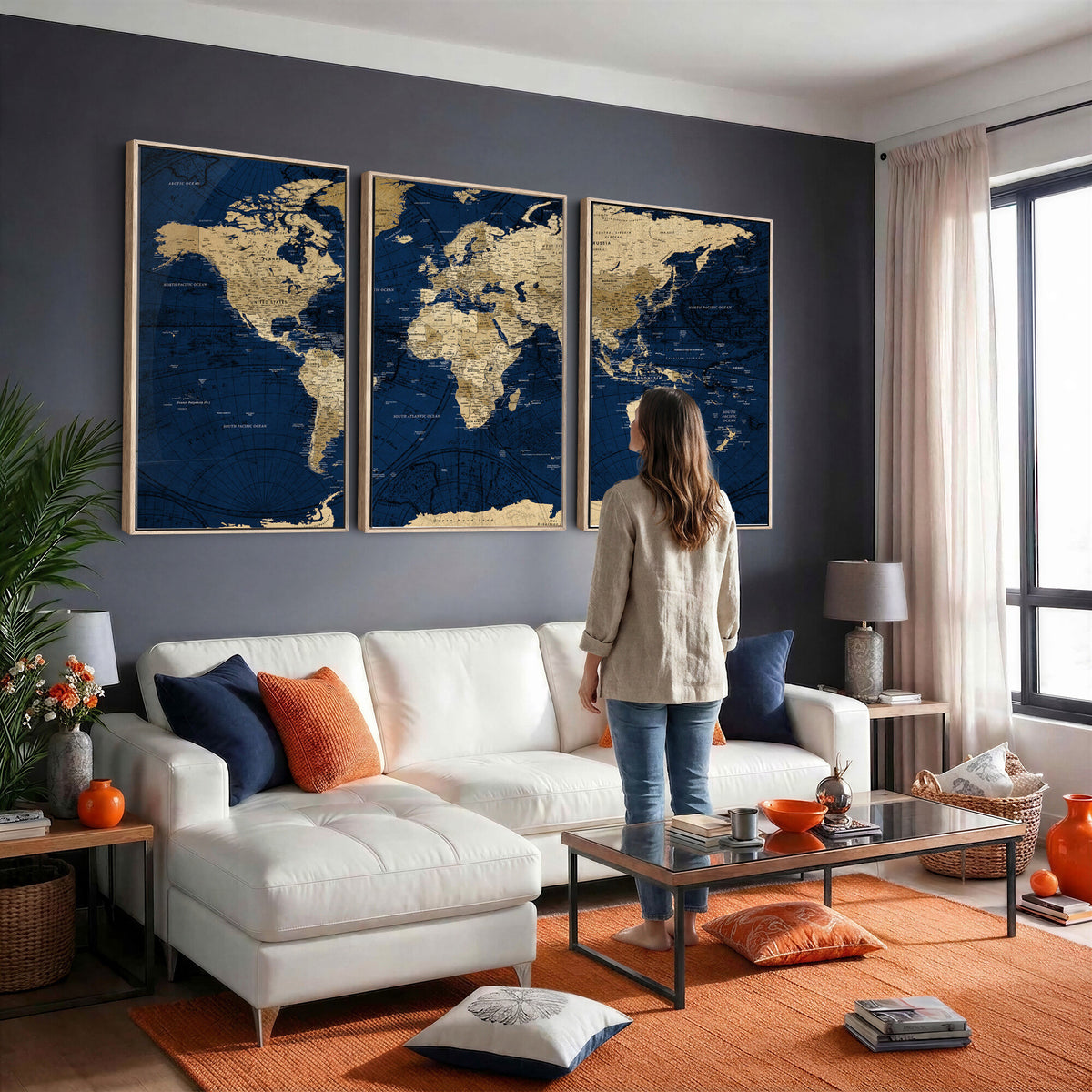 54770746-MGV-CV-36X24 - Navy Blue World Map Canvas Print – Detailed Map Minimal Navy