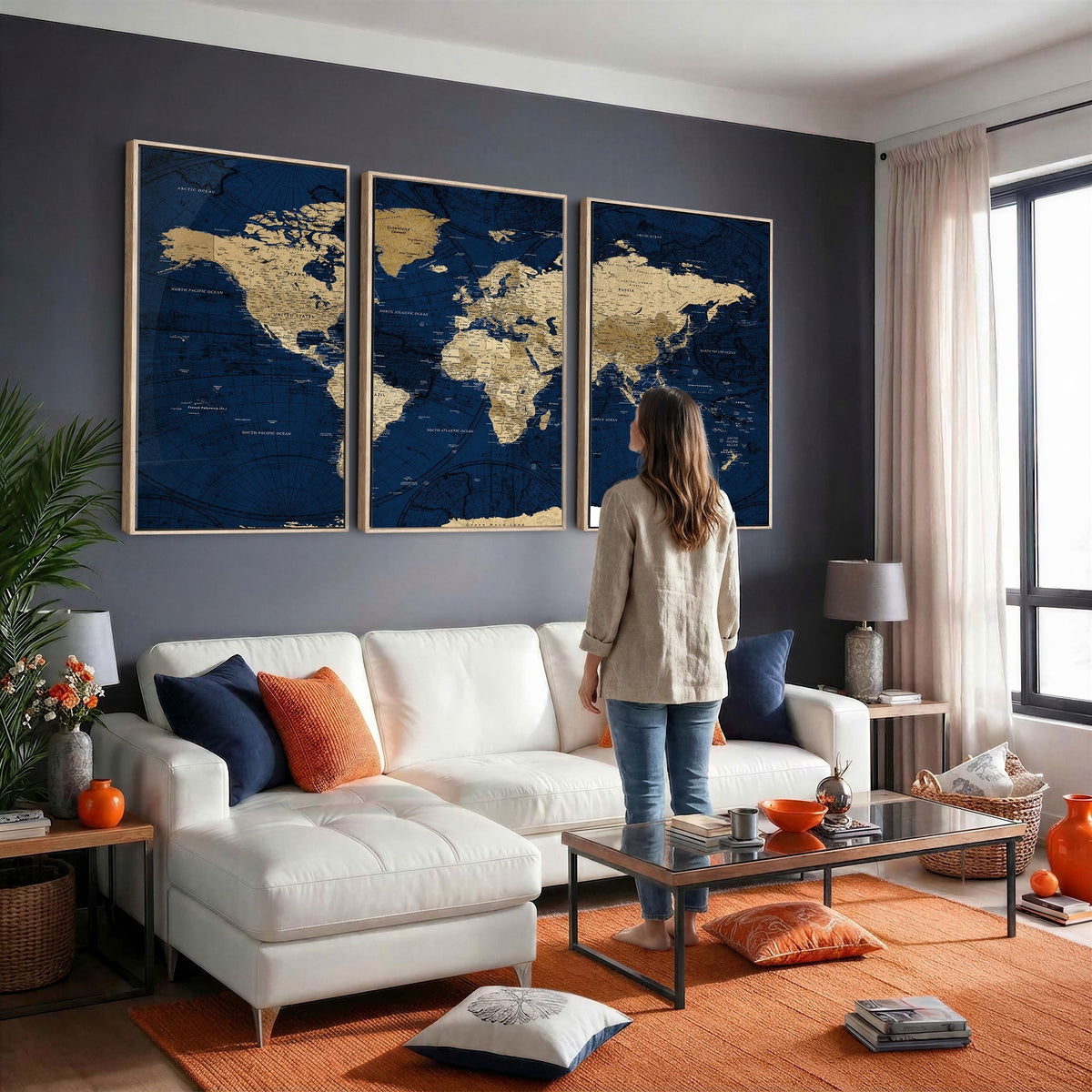 54770746-MGV-CV-24X16 - Navy Blue World Map Canvas Print | Detailed Minimal Navy Map Artwork