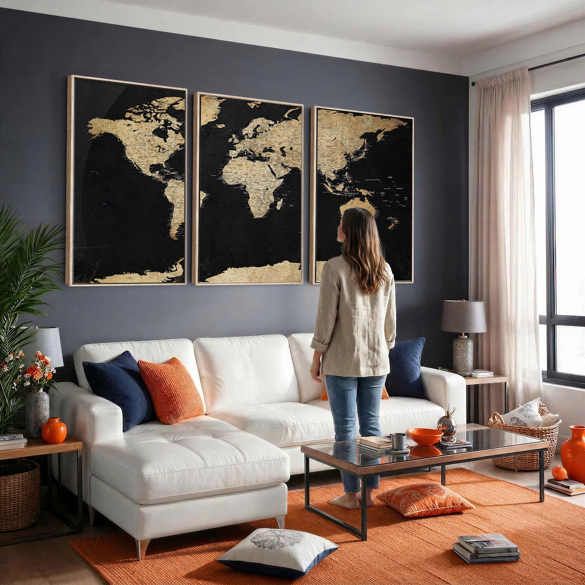 71518849-MGV-CV-36X24 - Beige World Map Canvas Wall Art Print, Minimal Black and