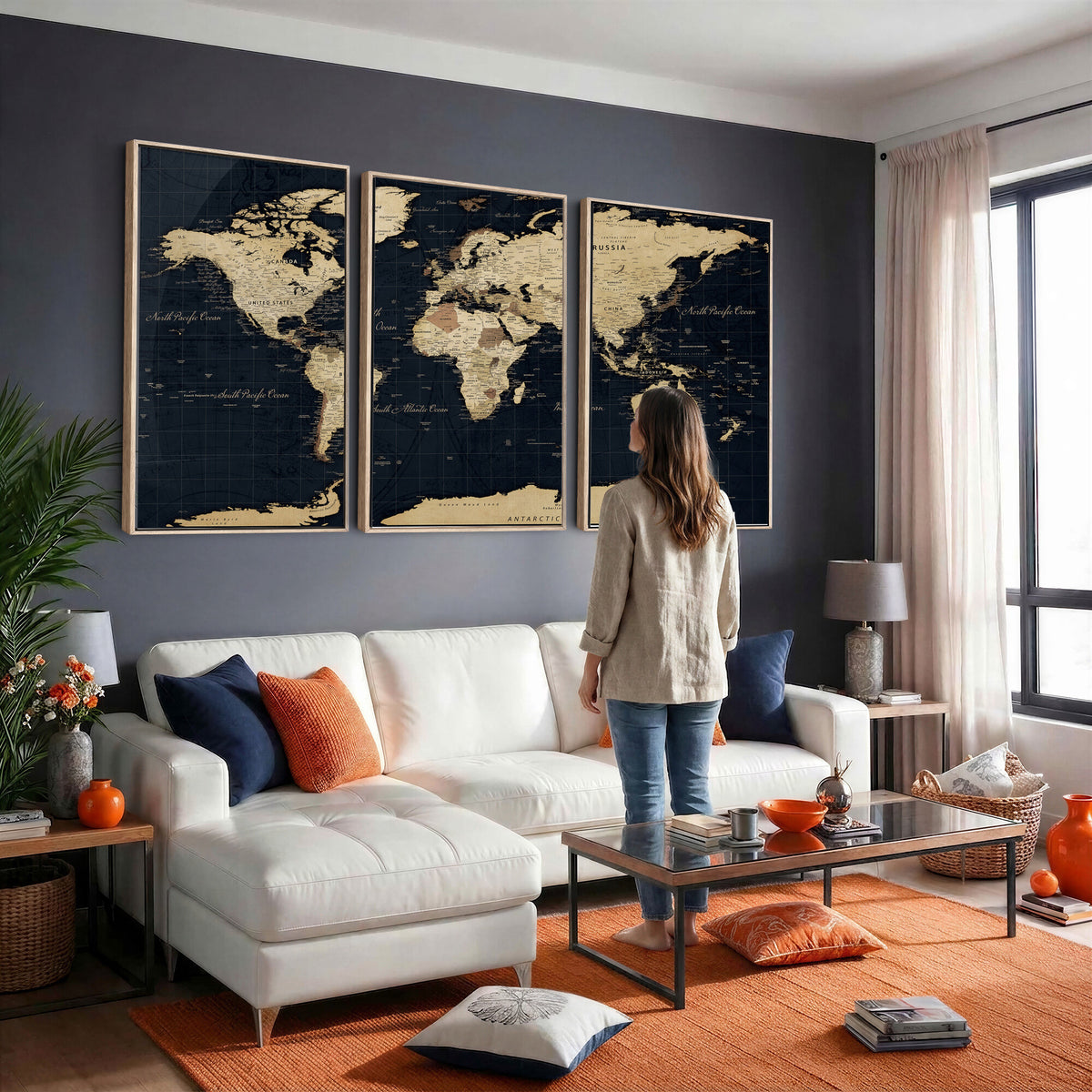 45063434-MGV-CV-36X24 - Dark World Map Canvas Wall Art Print, Minimal Black and Gold Map