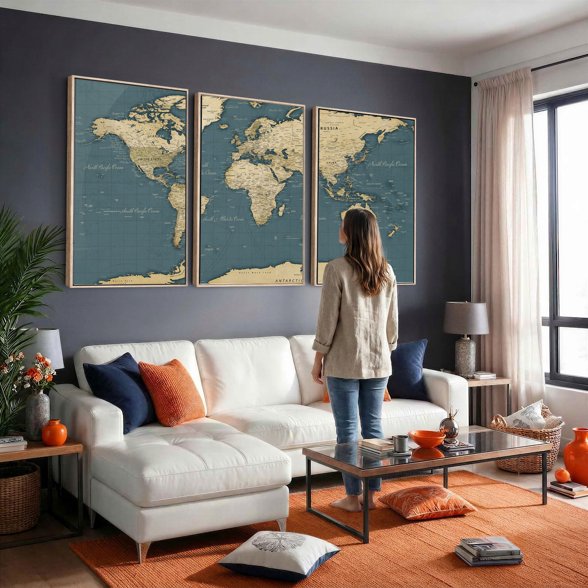 99599383-MGV-CV-36X24 - Minimal Vintage World Map Canvas Wall Art Print, Neutral