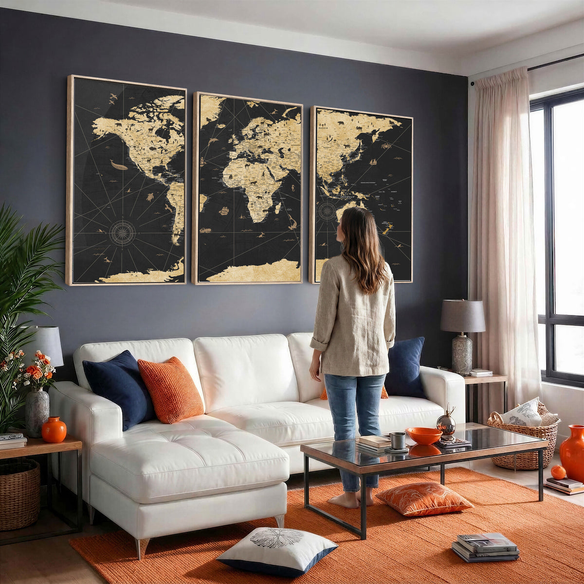 80270976-MGV-CV-36X24 - World Map Wall Art Canvas Print, Modern Decorative Framed Map Artwork Prints for Living Room, Office, Bedroom Wall Decor