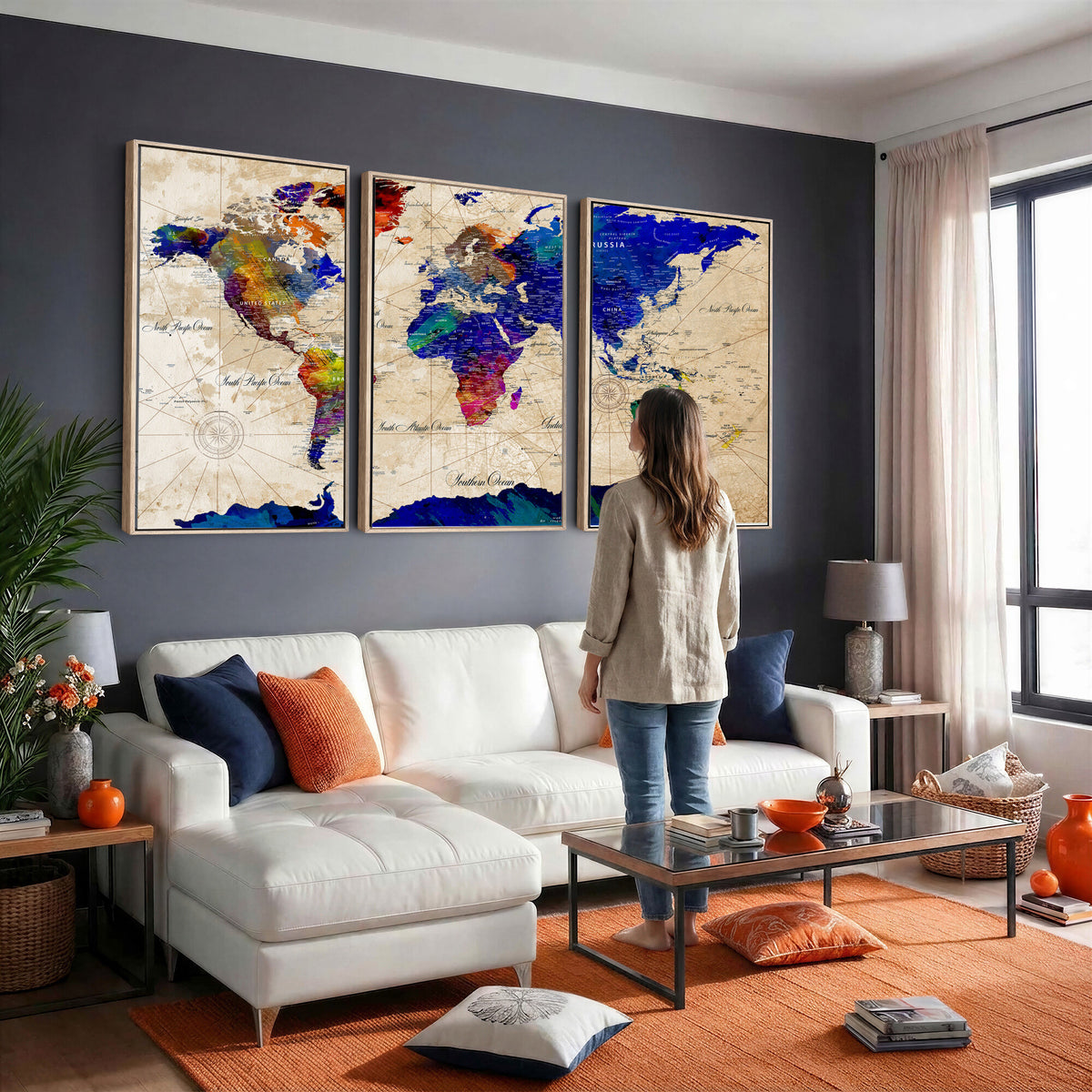 26284075-MGV-CV-36X24 - World Map Wall Art Canvas Print, Modern Decorative Framed Map Artwork Prints for Living Room, Office, Bedroom Wall Decor