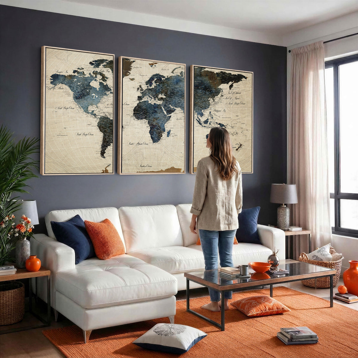 72927803-MGV-CV-36X24 - World Map Wall Art Canvas Print, Modern Decorative Framed Map Artwork Prints for Living Room, Office, Bedroom Wall Decor