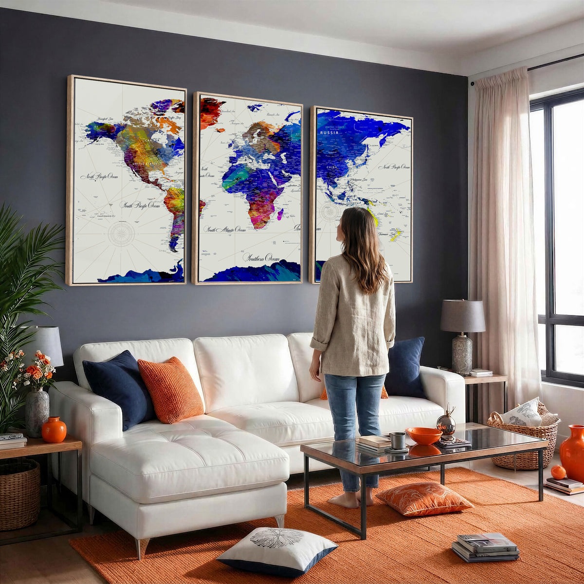 49670038-MGV-CV-36X24 - World Map Wall Art Canvas Print, Modern Decorative Framed Map Artwork Prints for Living Room, Office, Bedroom Wall Decor