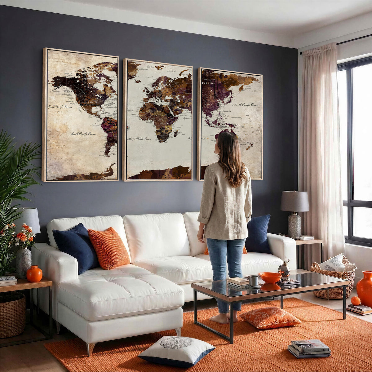 50611123-MGV-CV-36X24 - World Map Canvas Triptych | Colorful Global Wall Art for Living Rooms