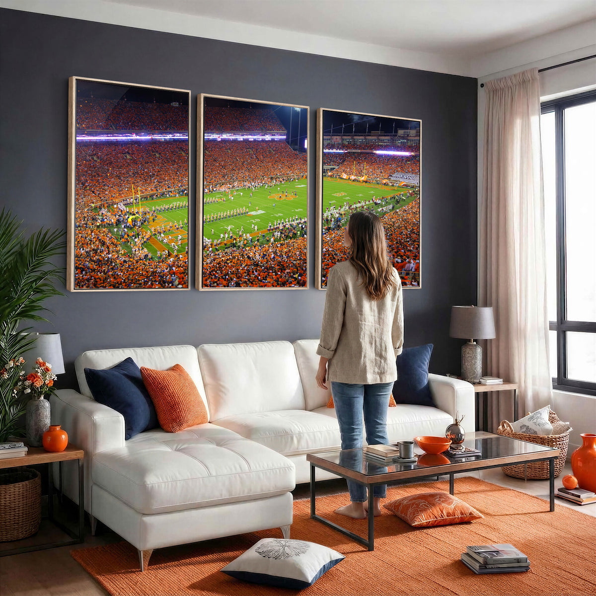 43662631-MGV-CV-36X24 - Clemson Football Stadium Wall Art Canvas Print, College Football Crowd Night Game Scene, Orange Stadium Panorama Wall Decor