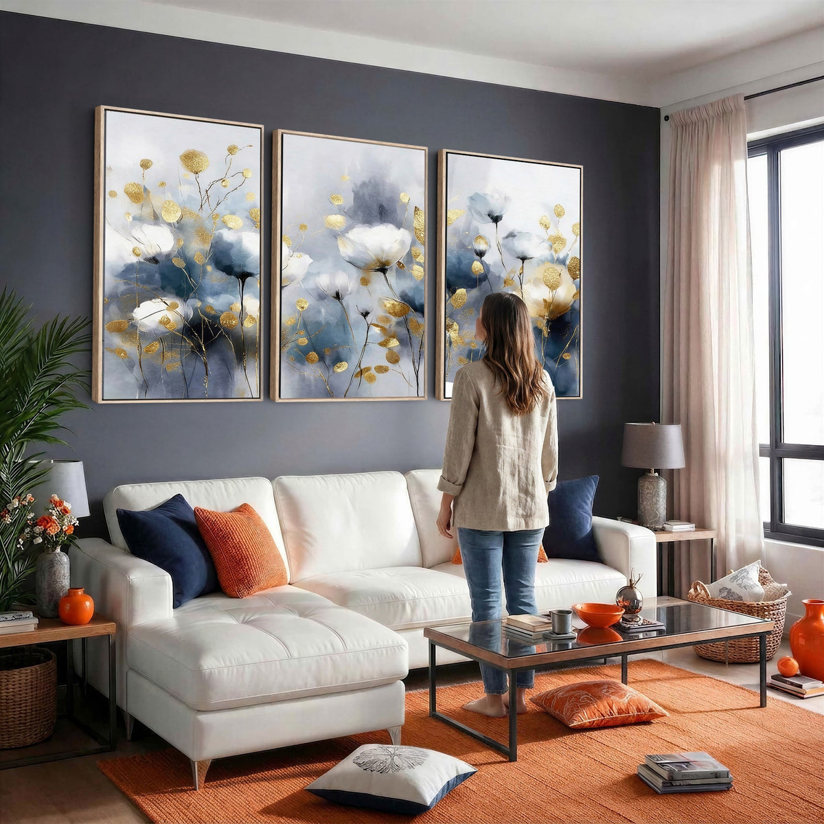 84358857-MGV-CV-24X16 - Large Abstract Flowers Wall Art Canvas Print | Gold and Blue Botanical Artwork