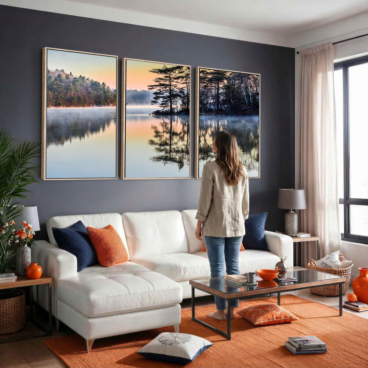 34236027-MGV-CV-36X24 - Before People Wake Canvas Wall Art Print, Misty Lake Sunrise Landscape, Forest Reflection Nature Decor, Ready to Hang