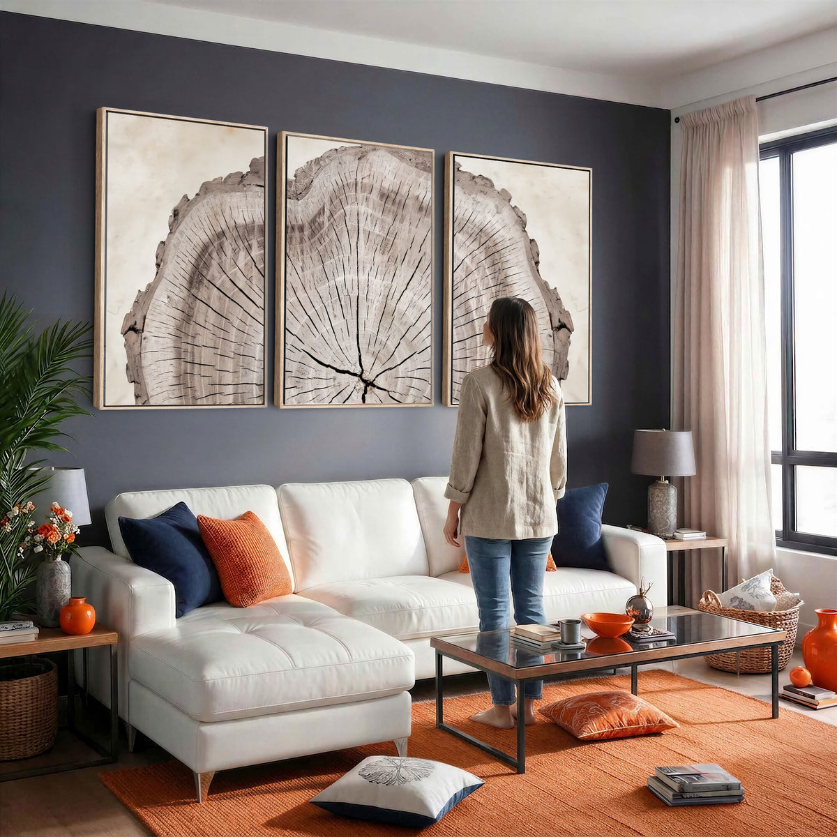 87833480-MGV-CV-60X30-3P - Tree Ring Canvas Wall Art in Neutral Earth Tones, Framed Wood Slice Print for Rustic and Japandi Interiors