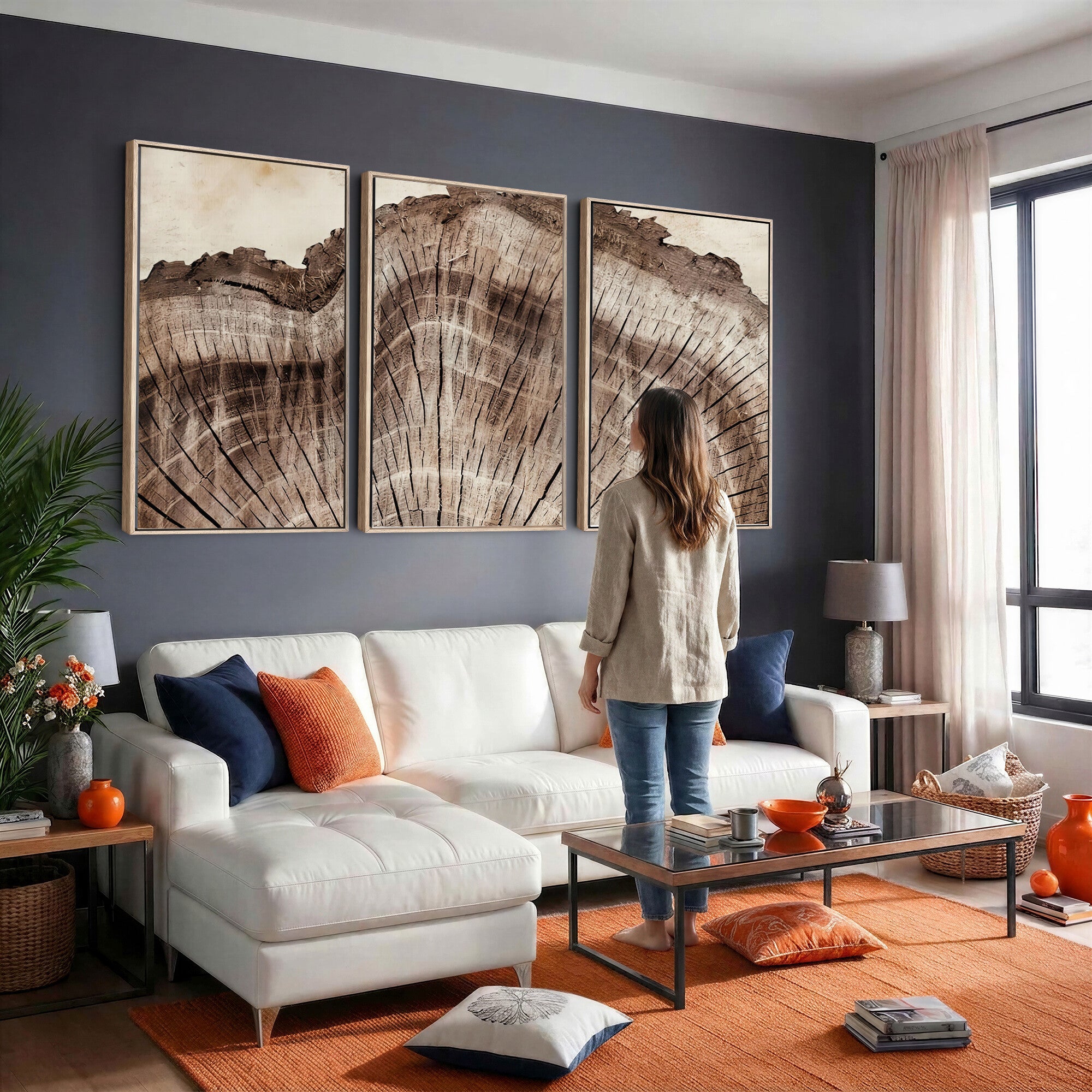 91280382-MGV-CV-60X30-3P - Tree Ring Canvas Wall Art in Neutral Earth Tones, Framed Wood Slice Print for Rustic and Japandi Interiors
