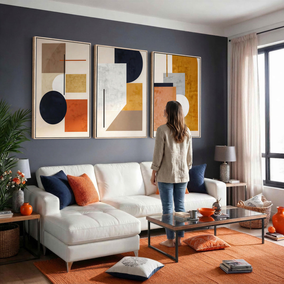 87361249-MGV-CV-48X32-3P - Mid Century Modern Geometric Canvas Wall Art, Abstract Triptych Print