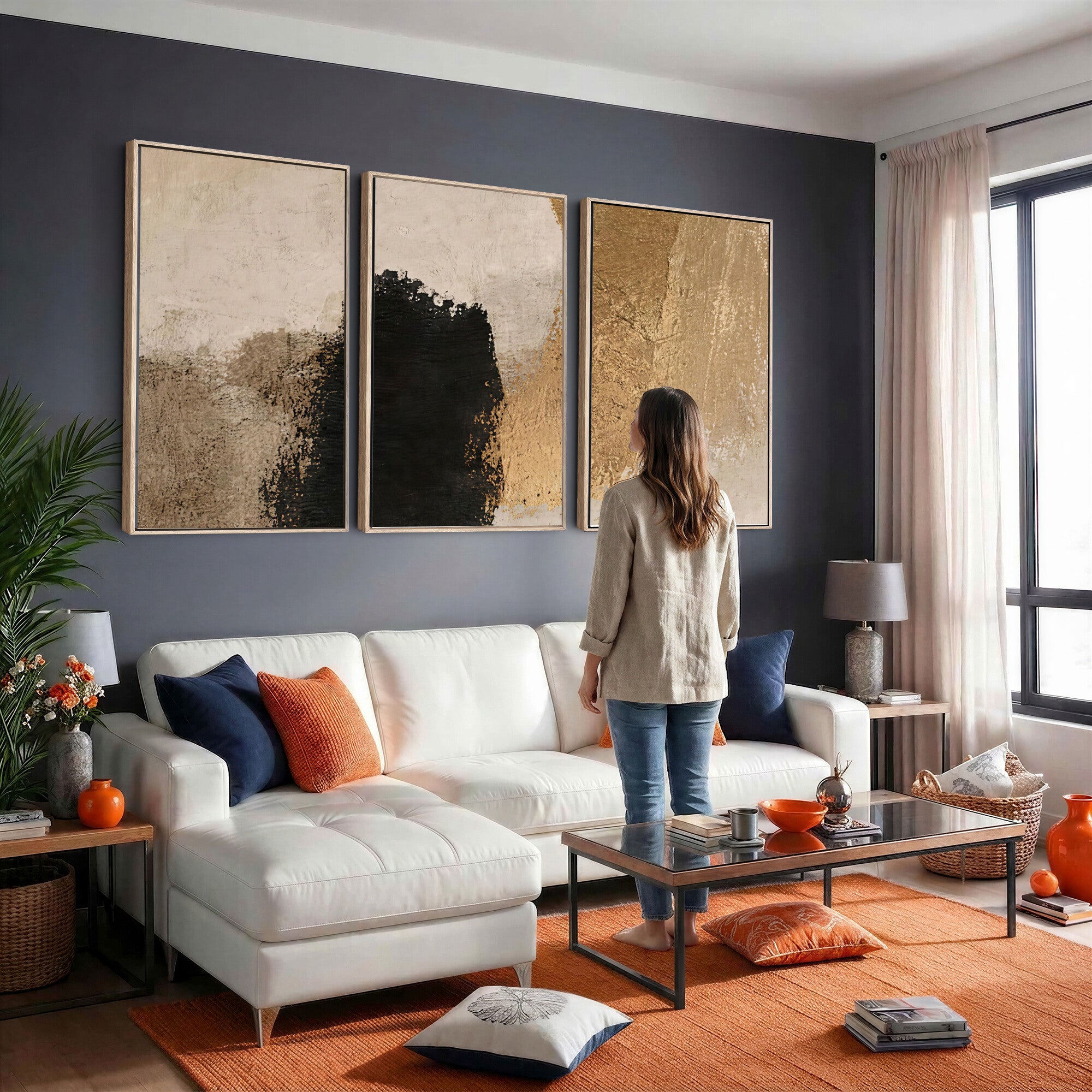 36003778-MGV-CV-48X32-3P - Mid Century Modern Geometric Canvas Wall Art, Abstract Triptych Print