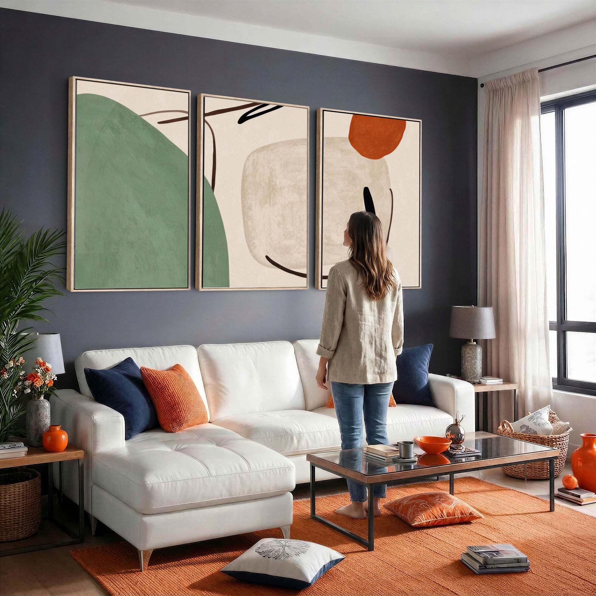 46798824-MGV-CV-48X32-3P - Mid Century Modern Geometric Canvas Wall Art, Abstract Triptych Print
