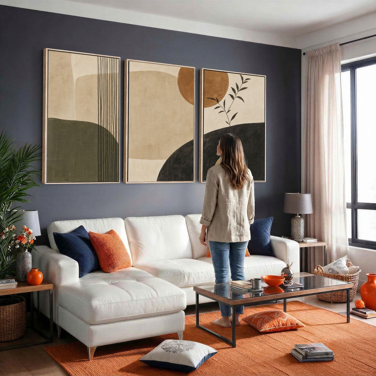 85289499-MGV-CV-60X30-3P - Boho Abstract Sun Canvas Wall Art, Minimalist Sage Green Botanical Print