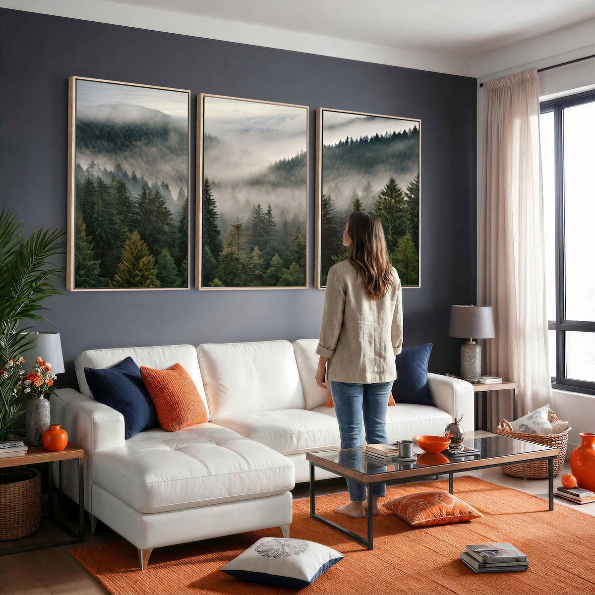 38409495-_Poster-30x20 - Misty Pine Valley Mountain Canvas Print 3 Piece Framed Wall Art Extra Large Floating Frame Nature Poster Made in USA