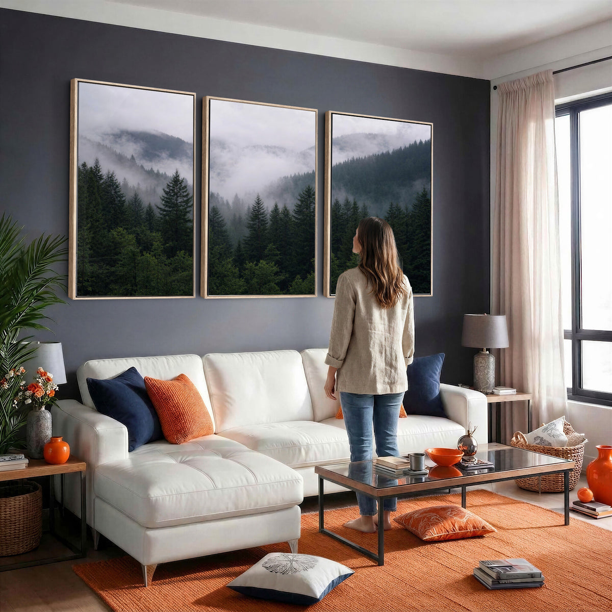 25432119-_Poster-30x20 - Misty Mountain Pine Forest Canvas Print 3 Piece Framed Wall Art Extra Large Floating Frame Nature Poster Made in USA